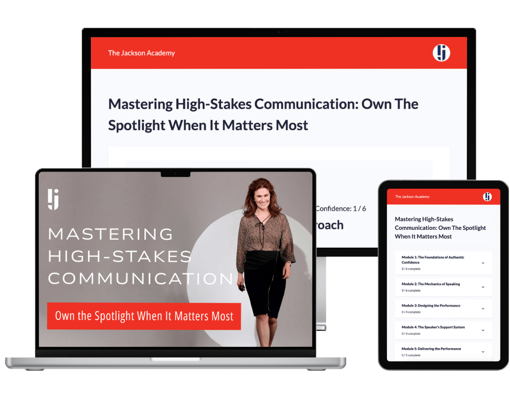 Lynda-Jackson_Mastering-High-Stakes-Communcation Lynda Jackson's mastering high-stakes communication online course displayed on computer and tablet