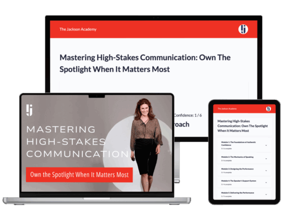 Lynda Jackson's mastering high-stakes communication online course displayed on computer and tablet